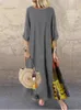 Vrouwen vintage print patchwork maxi jurk boho 34 mouw oversized lange casual harajuku o nek losse elegant gewaad 240415