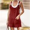 Womens Jumpsuits Rompers Women Cotton Linen Short Romper Summer Strappy Straight Playsuits 2021 Casual Buttons Loose Ladies Big Pocket Dhogw