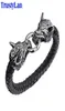 Cool rostfritt stål Double Wolf Head Men039S Armband Bangles Quality Black äkta läderarmband Män Pulseras Jewelry Gif5091690