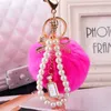 Keychains Lanyards Fashion Faux Fluffy Crystal Bottle Bow Pompom Keychain Pearl Chain nummer 5 Kvinnor Handväska bil Key Chain Ring Keychains smycken