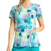 Kvinnors T-skjortor T-shirt Slim Floral Print Matt Top V-Neck Female Veterinary Uniform Kortärmad skjorta Pet Grooming Overalls