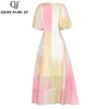 Party Dresses QHz Summer Designer Fashion Dress Long For Women V-Neck Lantern Sleeve Vintage Gradient Print Cotton Slim Midi