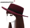 New Wool Boater Flat Top Hat For Women039s Felt Wide Brim Fedora Hat Laday Prok Pie Chapeu de Feltro Bowler Gambler Top1299465