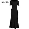 Casual jurken moaayina herfst modeontwerper zwarte vintage gebreide jurk dames v nek hoge elastische taille slank pakket billen lang