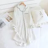 Women's Sleepwear Spring And Summer Long-Sleeved Nightgowns Cotton Mid-Length Sleepshirts Home Stripe Knee-Length