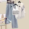 Summer Elegant Womens Pants Set Casual Shirt Jeans Trousers Vest Three Piece Female Tracksuit Blouse Blazer Suits 240415