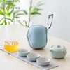 Teaware -sets 2024 Leuke keramische theepot dekselkom met 3 kopjes roze groen porseleinen reisset draagbaar