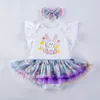 Osterkinderkleid 2024 neues Mädchen Baby Cartoon Kaninchen Harpoon-Kleid Haarzubehör 2-teilige Partykleid Set