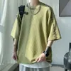 マニュアルミンズサマーTシャツワッフルOネック半袖男性Tシャツ韓国ヒップホップスタイルソリッドカラー男性女性トップ240401