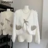 Tejidos de mujer duojihui dulce básico en v-chic encaje up mujeres cárdigan invierno tejido suelto de color sólido