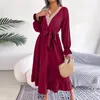 Casual Dresses 2024 Women Spring Summer V Neck Lace Up High Waist Ruffle Edge Long Dress For Ladies Solid A Line Sleeve Smocked