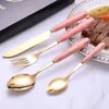 Dinware sets 4 stks bestek roestvrijstalen messenvork lepel met gemarmerd patroon keramische handvat luxe goud modern flatware eten