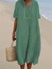 Korean Comfortable Casual Cotton Linen Women Dress Summer V Neck Pullover Short Sleeve Dresses Female Beach Style Loose Gown 240415