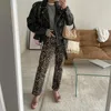 Damesbroek luipaard afdrukpotlood slank met zakken voor vrouwen stijlvolle mid-rise lange broek knop