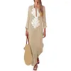 Lässige Kleider Frauen Maxi Kleid Bohemian mit Seiten geteilt V Hals Ethnischer Stil Langarm -Knöchellänge für lockere Passform