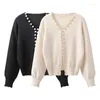 Kvinnors stickor 2024 Autumn Round Neck Pearl Edging Knitwear Y2K Harajuku Kort långärmad tung Cardigan tröja Fashion Casual Coat Women