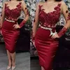 2024 Burgundy Mermaid Evening Dresses Knee Length Sexy Illusion Long Sleeves Lace Applique Crystal Beaded Plus Size Prom Gown Formal Custom