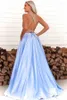 Party Dresses A-Line High Slit Spaghetti Straps Royal Blue Long Prom With Pocket Criss-Cross Back Sexy