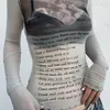 Dames T-shirts American Creative Letters Print Net Dress Bottoming Shirt 2024 Slim Fit Long Sleeve Sheer Top T-shirt