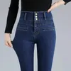 Damesjeans 2024 dames superhoge taille sexy magere winter retro blauw zwart dikke elastische denim potloodbroek