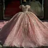 Pink Glitter Sequined Beading Quinceanera Dresses Ball Gown Off The Shoulder Appliques Lace Sweet 15 Birthday