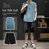 Conttures de survêtement masculins 8xl Shorts de gilet en soie de glace de grande taille ensemble avec un costume de sport décontracté rapide de basket-ball