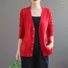 Women's Knits Artistic Style V-neck Embroidered Knitted Cardigan Spring Autumn Loose Solid Button Long Sleeved Sweater Casual Coat