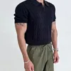 Mens Sticked Jacquard Polo Shirt Casual Stripe V-Neck Solid Color Kort ärm T-shirt Breatbar Light Luxury Clothing 240416