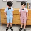 Ternos meninos meninos meninos colete de verão legal+coletor curto de 2pcs terno de casamento formal gentleman kids performance vestido crianças graduação no conjunto de roupas