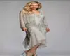 Gorgeous Silver Grey Chiffon Appliques Lace Tea Length Mother Of The Bride Dresses With Jacket Suits Deep Vneck For Weddings1879690