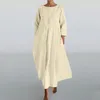 Casual Dresses Vintage Cotton Linen Long For Women Summer Solid Color 3/4 Sleeve Boho Maxi Dress Pocket Loose Tank Plus Size