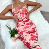 Casual Dresses ISAROSE Fast Delivery 2024 Stretch Mesh Dress Women Summer Floral Printed Ruched Low-cut High Waist Knee Length Bodycon