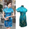 Ethnic Clothing Women's Sexy Mini Qipao Chinese Traditional Oversize 6XL Vestidos Vintage Mandarin Collar Short Cheongsam Flower Slim Dress