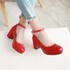 Dress Shoes Women's High Heel Red Wedding Fashion Round Head Buckle Vrouw Black Office Girls Heel 32-43