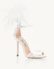 2024 women Ladies Genuine real leather satin 10CM heels sandals summer feather one-line peep-toe wedding Gladiator shoes buckle Fashion solid Narrow Band size 34-42