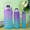 Bouteilles d'eau lusqi 3pcs / set sportive bouteille à feuille de fuite motivationnelle avec paille et marqueur temporel gradient couleur plastique tasse bpa gratuit