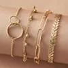 Moda Womens Gold Pearl Fish Bone Chain Four Piece Combination Bracelet Conjunto geométrico Multi -camada B4092