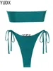 Dames badkleding yudx solide o ring zwempak voor dames tie side glanzende metalen hardware bandeau bikini gevoerde bh top lage taille