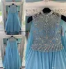 2023 Sheer Blue Chiffon Pageant Dresses for Teens with Wrap Bling Rhinestones Long Gowns for Little Girls Zipper Back Formal Party8945039