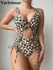 Swimwear féminin Leopard imprimé coupé Lacet Up Femmes One Piece Massuit de maillot Femme Monokini High Leg Bather Bathing Fssue Swim V5417