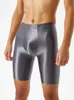 Män olja glänsande shorts Gym Shapewear Ice Silk High Elastic Sexy Boxer Tight Sheape U Pouch Mante Man slät godisfärg 240410