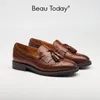 Lässige Schuhe Frauen Slebringe Brogue Style Echtes Leder Roung Zehen Lady Flats mit Fransenquitzen für handgefertigtes Beautoday 21046