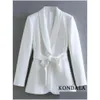 Ternos femininos Blazers Womens Kondala Office Lady White Blazer Mulheres Manga Longa V Sashes de pescoço Blazerhigh Colo