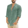 Camisas casuais masculinas linho de algodão Camisa verde masculina de manga longa de verão colar de cor sólida colar de praia Blouse PLUS TAMANHA 240416