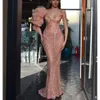 Mermaid Evening Pink One Long Sleeve V Neck Halter Beaded Appliques Sequins Lace Diamonds Floor Length Prom Dresses Formal Plus Size Gowns Party Dress