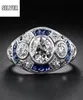925 ANILLOS Silver Retro Court Full Cumbic Zirconia Ring pour les femmes Banquet de cristal bleu élégant Banquet Sapphire Jewelry1740649