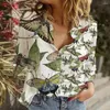 Blouses voor dames elastisch shirt bloemen kaart afdrukken revers voor vrouwen lange mouwen losse fit blouse streetwear mode top lente zomer