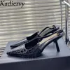 Dress Shoes Summer High Heel Dames Pumps Pointed Toe Slingbacks Echte lederen feestvrouw metalen band Stiletto Sandalen