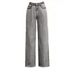 Women's Jeans Straight Summer Grey Denim Wide Leg Lady Thin Loose High Waist Contrast Floor