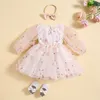 Tregren Toddler Baby Girls Cute Dress Long Sleeve Flower Embroidery Tulle Princess with Headband for Bithday Party Daily 240413